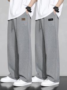 Men's Solid Waffle Pattern Letter Patched Drawstring Waist Sweatpants, Loose Casual Comfy Slant Pocket Design Straight Leg Draped Trousers for Spring & Fall, Men's Trousers for Daily Wear