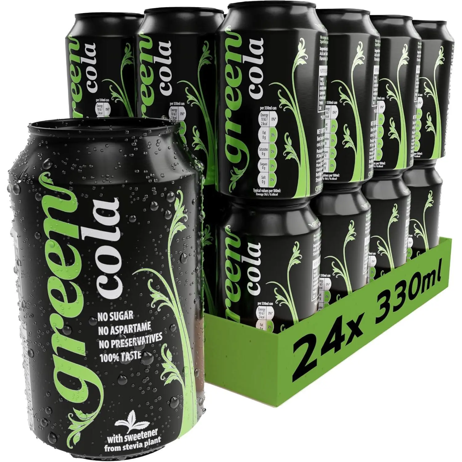 Green Cola - Zero Calorie Sparkling Soft Drinks - Sweetened with Stevia, Sugar-Free, Natural Caffeine, No Aspartame - Delicious and Healthy Alternative Fizzy Drink- Bulk Pack 24 Cans x 330ml
