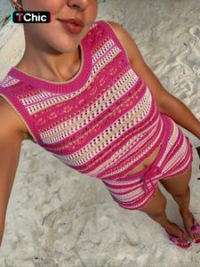 Women's Random Striped Pattern Knit Tank Top & Shorts Two-piece Set, Casual Sleeveless Top & Shorts for Beach Vacation Holiday, Ladies Sweater Sets for Summer, Cute Summer Outfit