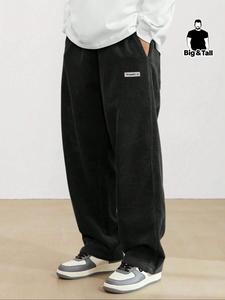 Men's Plus Size Letter Patched Drawstring Waist Corduroy Sweatpants, Casual Pocket Jogger Pants For Spring & Fall, Fashion Men's Bottoms For Daily Wear, Casual Streetwear Trousers