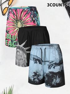 Men's Regular Fit Statue Of Liberty Print Boxer Brief Swim Shorts, Casual Comfy Breathable Swim Shorts for Summer, Men's Swimwear for Beach Vacation