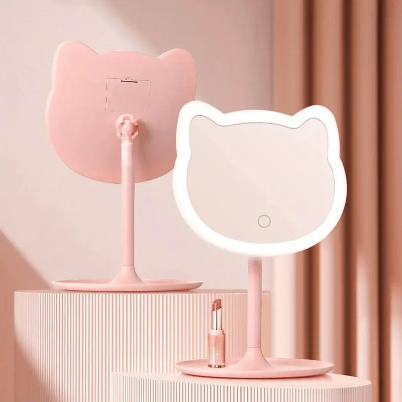 LED Vanity Makeup Mirror | Cat-Face Design with Pink Ears | Battery-Powered Lighting | Portable & Freestanding | Ideal for 2