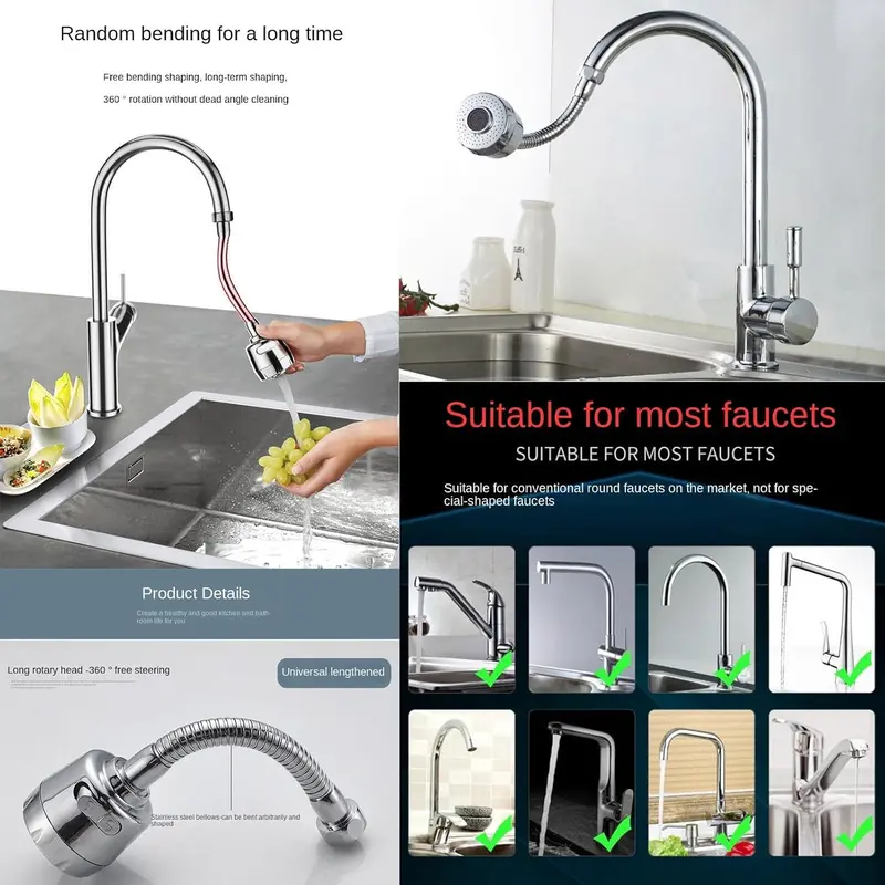 Kitchen Bathroom Sink Faucet Extender Tap Aerator Spray Head Adapter 360° Swivel Water Saving 2 Modes, 1 Pack 2