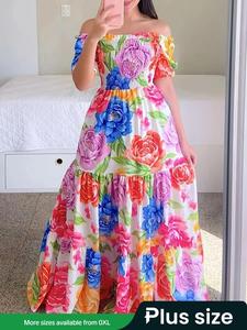 【Plus Size】Floral Print Off Shoulder Dress, Plus Boho Fashion Casual Flowy Dress for Beach Holiday Vacation, Women's Plus Clothes for Summer