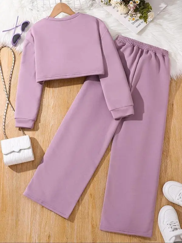 2025 new hot-selling girls' round neck short sweatshirt and loose waist pants set gift, dignified temperament back to school outfit, solid color long-sleeved top and wide-leg pants, unique 1