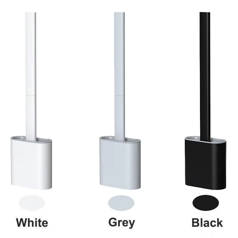 Silicone Toilet Brush and Holder Bendable Efficient Cleaning Wall Mounted Toilet Bowl Brush with Long Handle Brush Head and Silicone Bristles No Rusty Handles Problem (white / black/ grey)