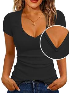T-Shirts Short Sleeve V Neck Tees Tops for Women Fashion Trendy Lightweight Soft Casual Summer Outfits Clothes 2026