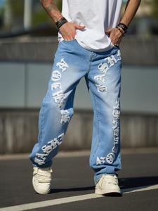 Men's Cartoon Embroidery Loose Jeans, Casual Comfy Denim Pants for Daily Wear, Woven Bottoms for All Seasons, Cotton, Graffiti Jeans, Streetwear Denim Baggy Jeans, Loose Jeans Trousers, Baggy Jeans Curvy