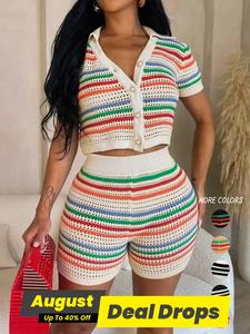 Women's Colorblock Striped Print Button Front Shortsleeve Crop Cardigan & High Waist Shorts Sweater Set, Lady Casual Top & Shorts for Summer, Womenswear, Matching Outfits, Clothes, Matching Clothing Set, Cozy Lounge Set, Crochet Summer Beach Set, Knit