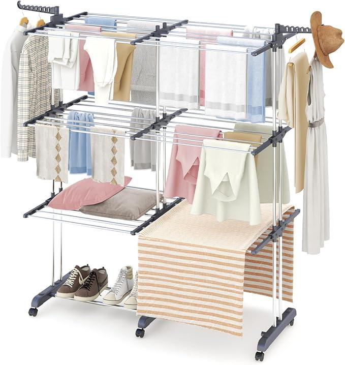 Product Introduction of 4-Tier Clothes Drying Rack, Extra Large Clothes Airer Extendable 18-32M Drying Space, Movable Clothes Horse for Indoor Outdoor Laundry Drying 7
