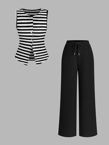 Women's Striped Vest & Wide Leg Pants Set, Womenswear Vintage Style Slimming Design, Elastic Knit Fabric, Perfect for Summer