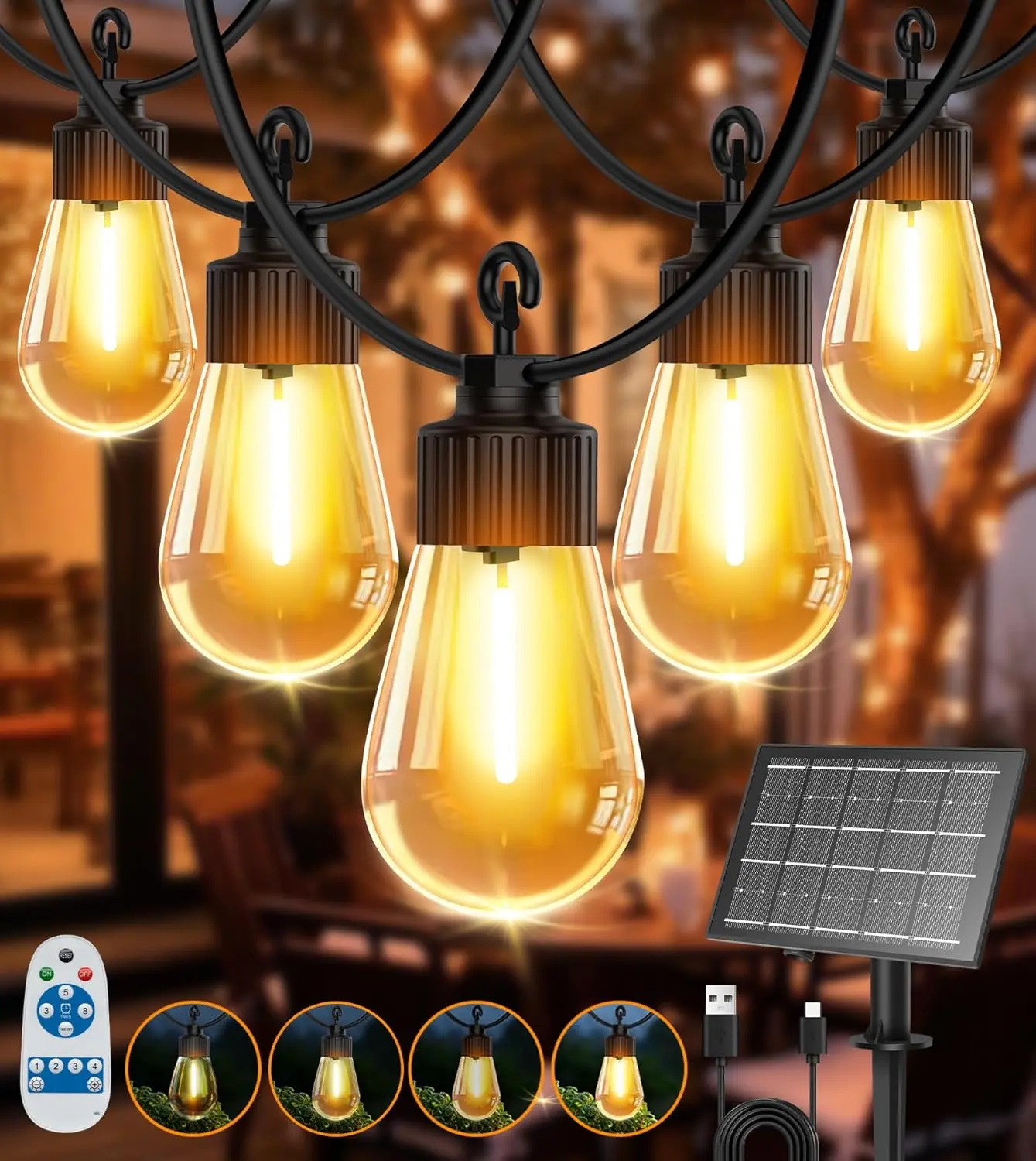 Solar Powered Festoon Lights 15M/50FT with 20 Shatterproof S14 Bulbs – Waterproof, Dimmable, Remote Control, 4 Lighting Modes, Outdoor Garden String Lights for Gazebo, Patio, Backyard, Party Décor