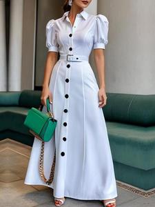 Women's Plain Puff Sleeve Shirt Dress, Elegant Short Sleeve Long Dress for Summer, Chic Ladies Clothes for Daily Wear, Womenswear