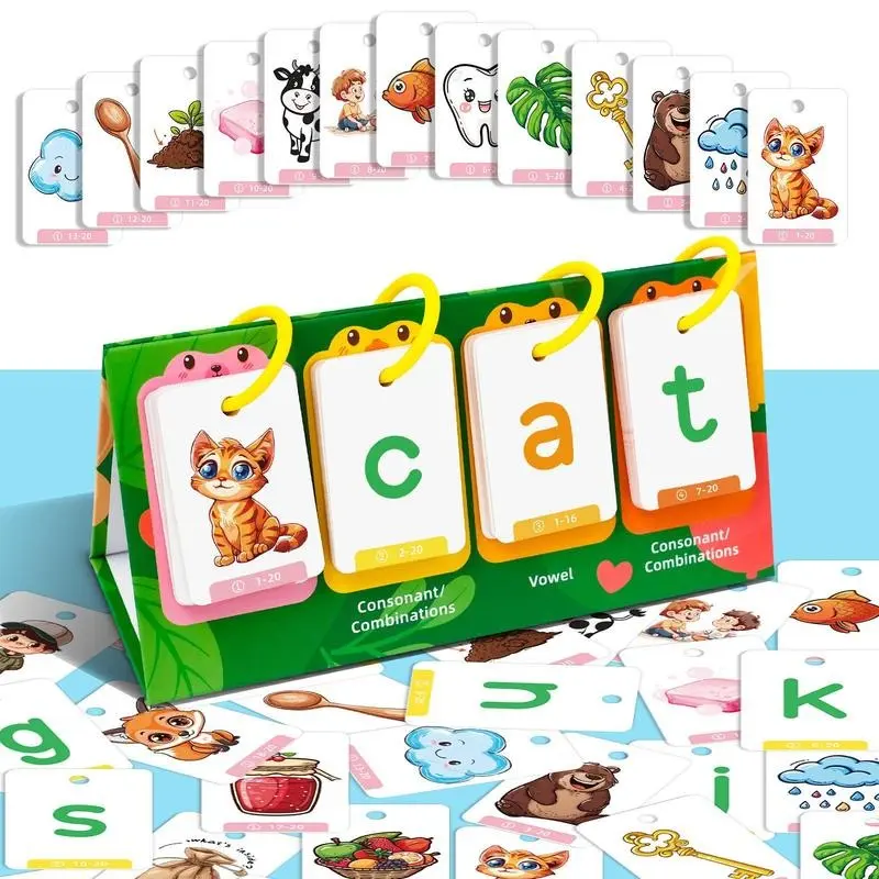 Random Color CVC Word Builder Games Cards, 80 Cards Learn To Read Montessori Word Building Desktop Pocket Chart Flash Cards Kit 2