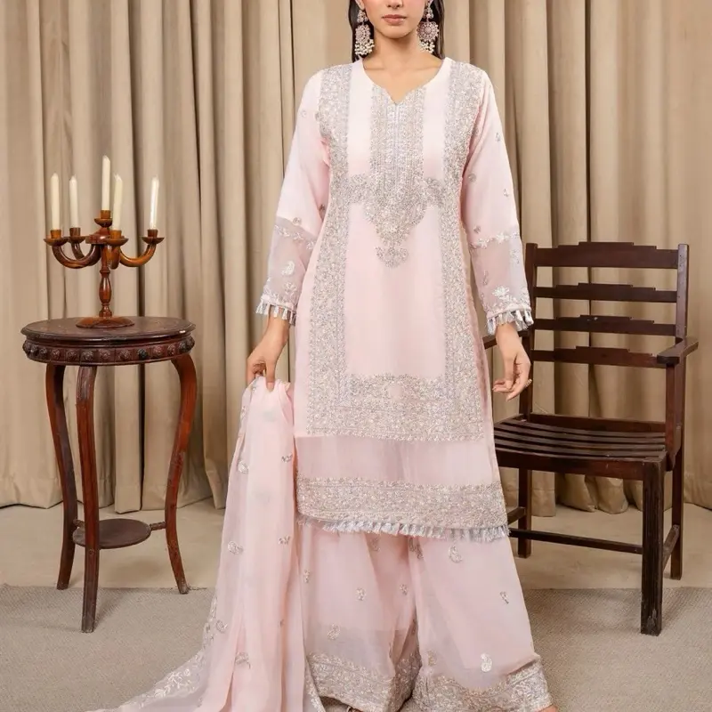 Three Piece Full Embroidered Chiffon Suit with Sharara- Luxury Part Wear Collection Dress Dupatta