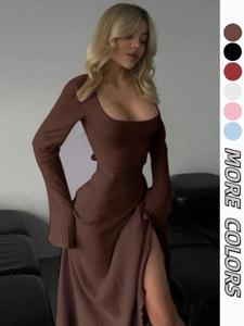 Women's Plain Lace Up Tie Back Flounce Sleeve Dress, 1 Count Elegant Square Neck Long Sleeve A Line Dress for Party Holiday Wedding Guest, Ladies Fall & Winter Clothes, Christmas costume for holiday parties