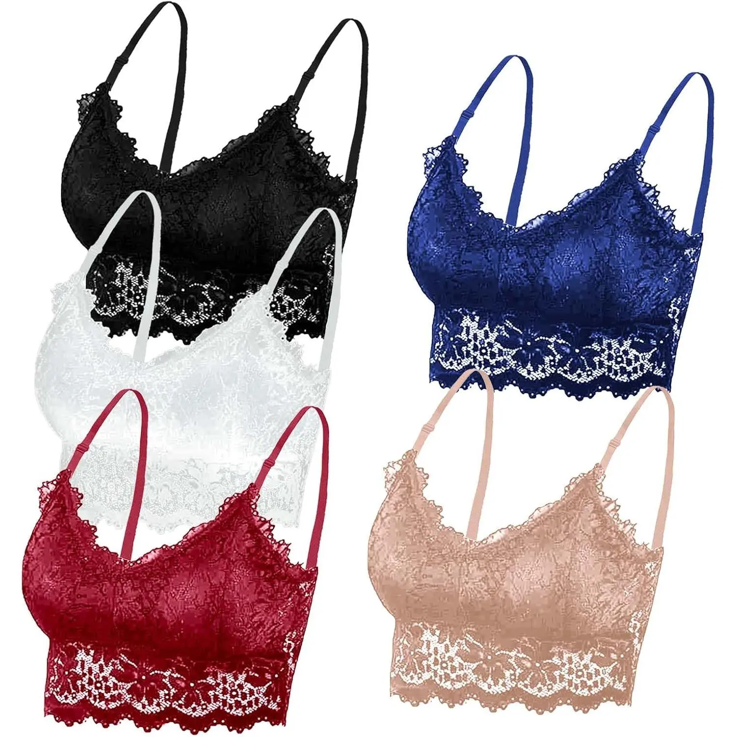 5 Pieces Ultra Elastic Lace Padded Bralette for Women Girls, Soft Breathable Full Wrap Everyday Bras Crop Top for Yoga Jogging Sports Daily