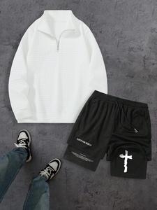 Men's Solid Zip Up Half Placket Sweatshirt & Letter Print Shorts Set, Casual Fashion Cozy Breathable Two-piece Outfits for Daily Outdoor Wear, Men Clothes for Fall & Winter