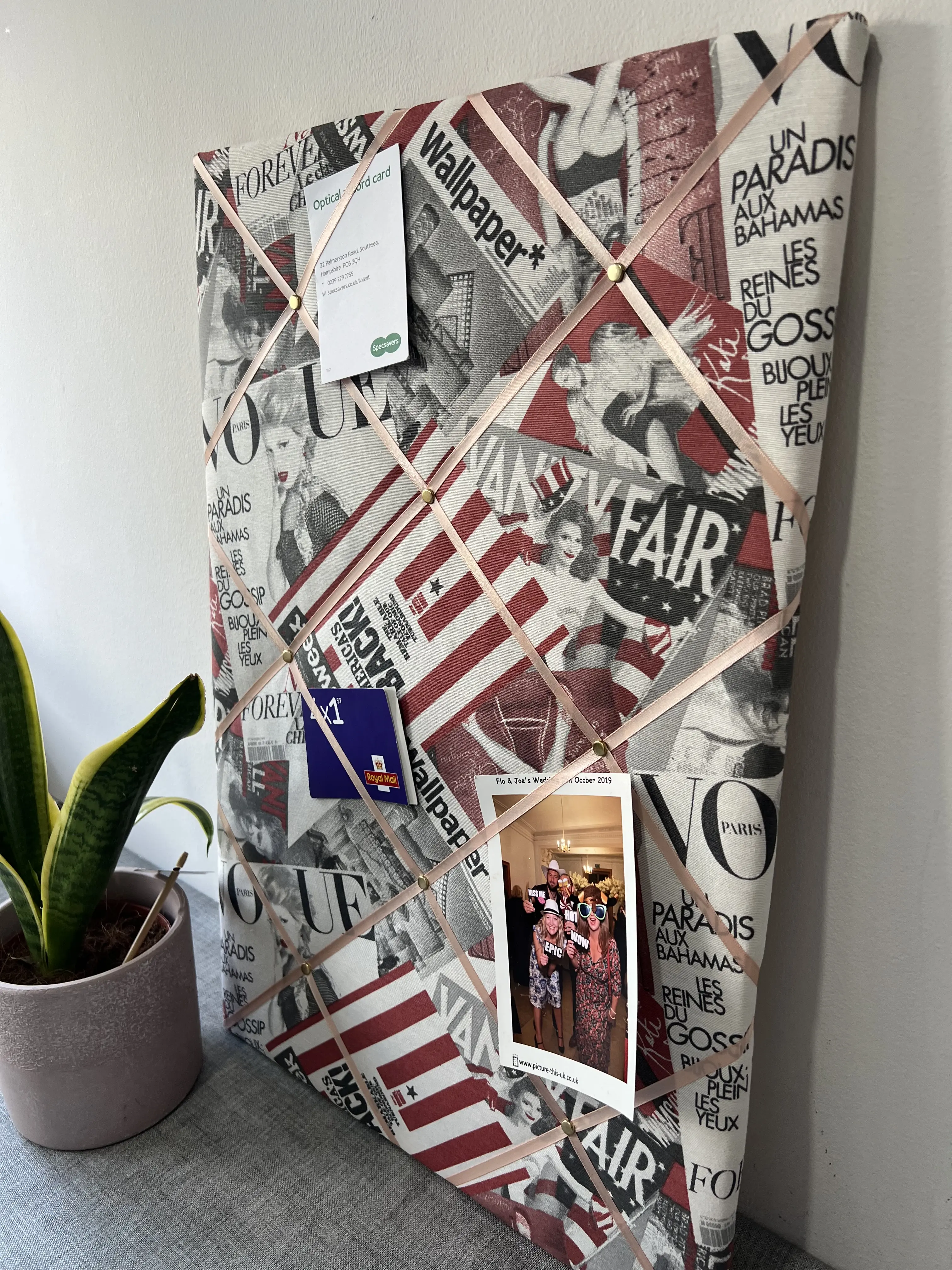 Vogue Paris Fashion Magazine Fabric Notice Board in Red & Grey – Stylish French Memo Ribbon Cork Bulletin Board – Custom Sizes & Ribbon Options – Handmade Personalised Wall Organiser for Photos, Notes & Inspiration