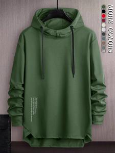 Men's Letter Print Asymmetrical Hem Essentials Hoodie, Loose Fashion Drop Shoulder Drawstring Pullover Top