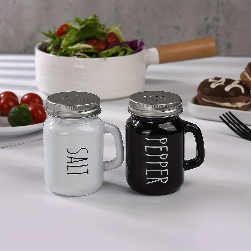 Product Introduction of 2pcs Farmhouse Salt And Pepper Shaker Set, Vintage Glass Black And White Shaker, 4.4OZ Spice Shakers With Handle And Stainless Steel Lid, Spice Jar, Pepper Jar, Salt Jar, Kitchen Accessaries, Back To School Supplies, Chrismas Gifts, Halloween Gifts 3