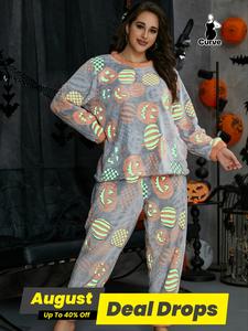【Plus Size】 Halloween Two-Piece Set Glow in The Dark Pumpkin Print Crew Neck Sleep Top & Pants Coral Fleece Pyjama Set, Casual Comfy Round Neck Long Sleeve Top & Trousers PJ Set, Women's Sleepwear for Fall & Winter, Loungewear