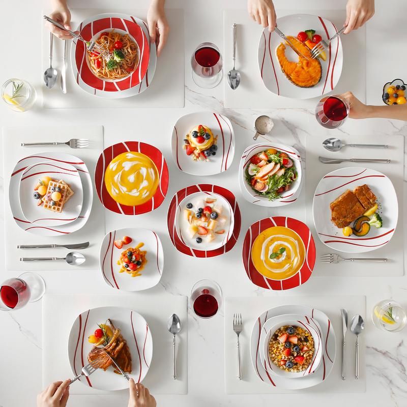 MALACASA Dinnerware Sets, 18/24/30-Piece Porcelain Square Dishes, Gray White with Red Rim, Modern Dish Set for 6 - Plates and Bowls Sets, Ideal for Dessert, Salad, and Pasta - Series FELISA 8