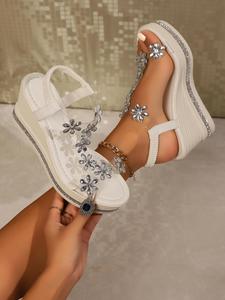 Women's Fashionable Rhinestone Decorated Flower Design Trendy Sandals, Casual Versatile Strap Heels Platform Dressy Summer Sandals for Summer, Lightweight Breathable Comfortable Shoes for Daily Wear, Elegant Party Footwear