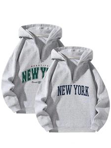 Men's Letter Print Half Zip Hoodie, Casual Loose Long Sleeve Hooded Sweatshirt for Fall & Winter, Men's Clothes for Daily Wear