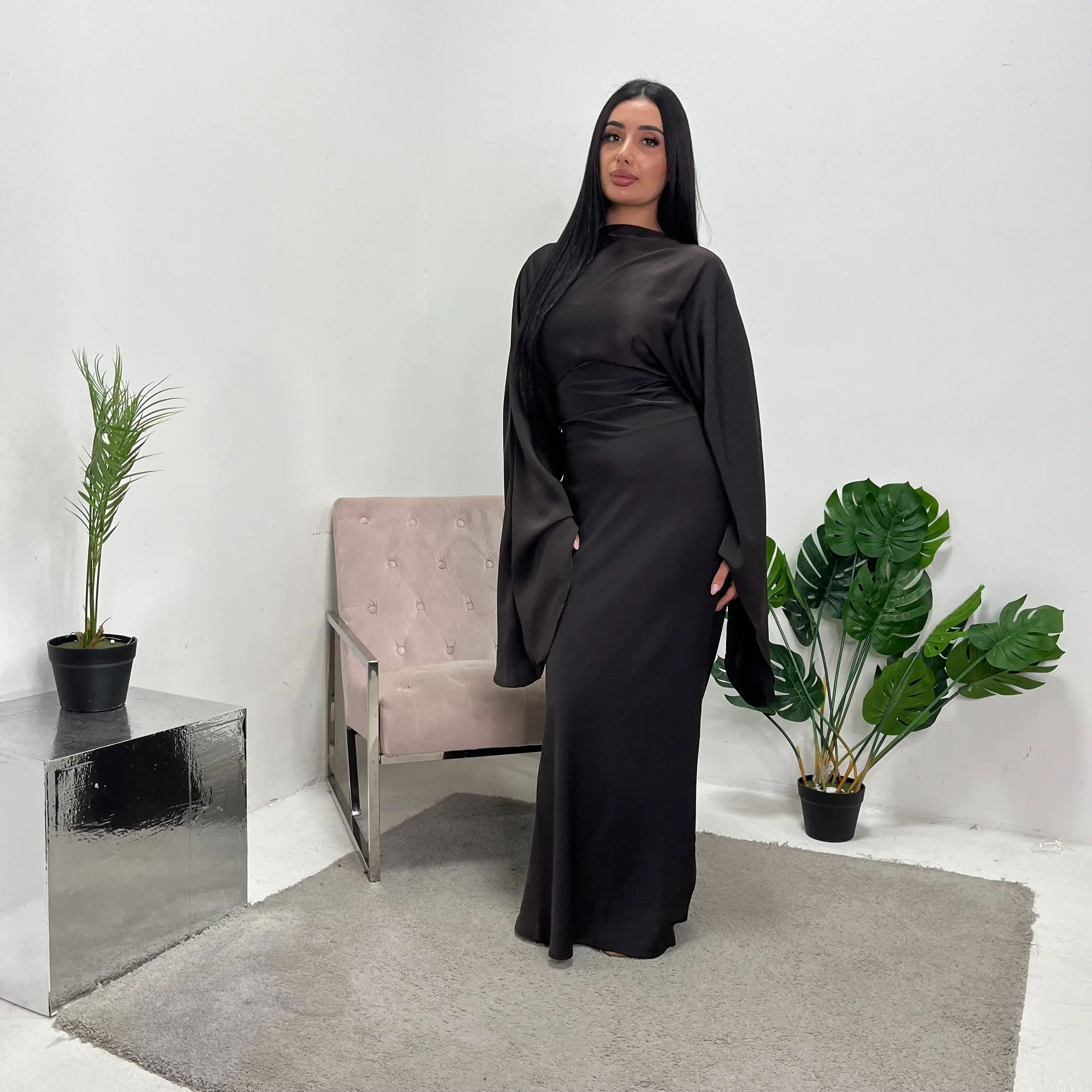 Una Chocolate Satin Tie Back Frill Sleeve Modest Dress