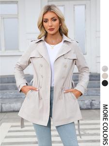 Women's Casual Elegant Long Sleeve Windbreaker Jacket, All-Season Woven Fabric, Fitted Design, Includes Belt, Perfect for Daily Wear