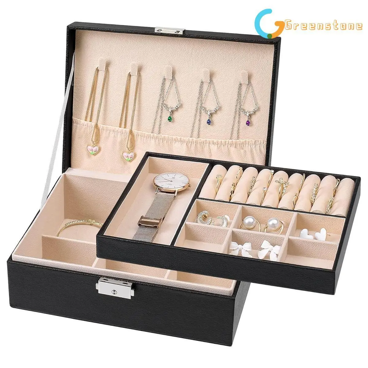 2 Tier Black Jewellery Box Organizer Rings Necklaces Jewellry Storage Case Box ！ jewelry Metal Compartment jewellery  boxes