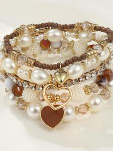Women's Boho Style Rhinestone & Faux Pearl Decor Heart Charm Bracelets, 5pcs/set Trendy Vintage Matching Stackable Bracelets, Chic All-match Jewelry As Gift for Girlfriend