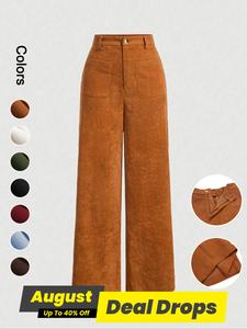 Women's Plain Pocket Button Front Wide Leg Pants, Casual High Waist Trousers for Daily Wear, Ladies Bottoms for Everyday All Seasons, Baggy Pants