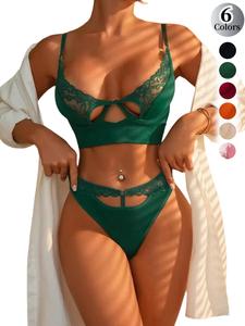 Women's Lace Peek-a-Boo Bra & Panty Two-Piece Set, Comfortable Breathable Underwear Set for Daily Wear, Lingerie Set for Women