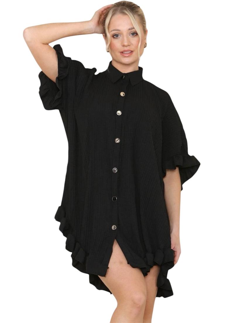 Product Introduction of Women's Lightweight Pleated Frill Hem Shirt Dress - Casual Loose Fit Collared Tunic with Gold Buttons - Comfort, Breathable 14