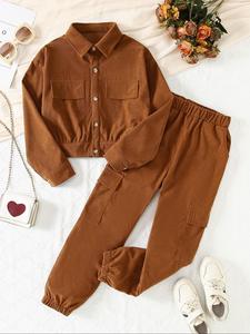 Two-piece Set Girl's Solid Color Button Front Shirt & Elastic Waist Pants Corduroy Set, Casual Long Sleeve Collared Top & Pocket Trousers for Fall & Winter, Kids Clothes for Daily Wear