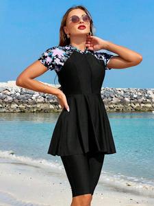 Women's Floral Print Zipper Round Neck Top & Skinny Pants Swimsuit Set, Casual Long Sleeve Top & Leggings Set for Beach Holiday Vacation, Ladies Islamic Swimwear for All Seasons, Full Coverage Swimsuits