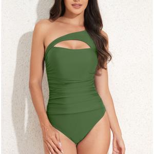 Hollow Solid Color Slimming Casual Sleeveless One-piece Swimsuit, One-shoulder Diagonal Strap One-piece Swimsuit