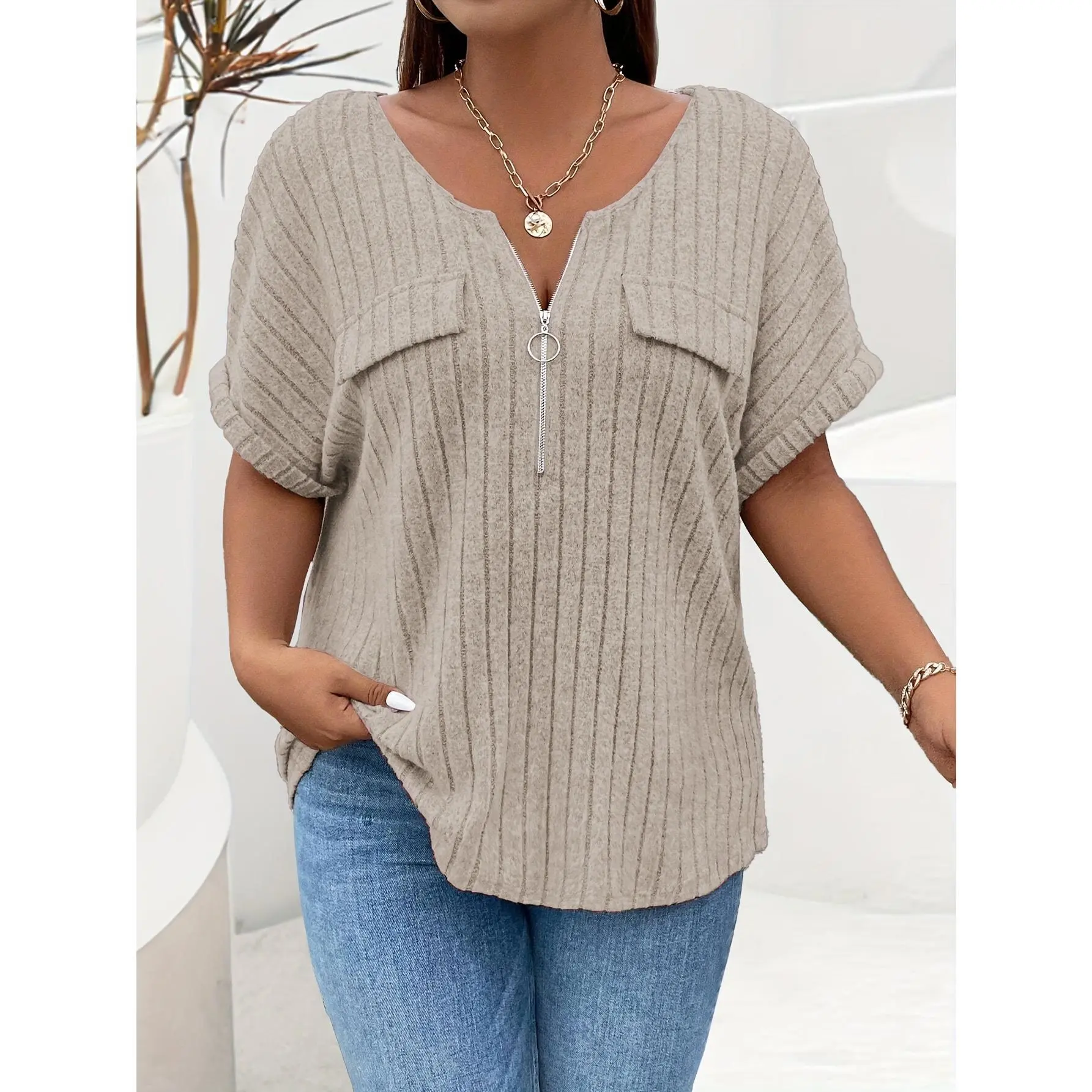 Plus Size Elegant Maroon Ribbed Tee for Women - Casual Short Sleeve with Zip Pocket Detail, Loose Fit, Polyester & Spandex Blend, Machine Washable - Perfect for Spring/Fall, Plus Size Blouse