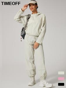 TimeOFF TWO-piece Set Women's Light Quick-drying Windproof Stain-resistant Hooded Jacket Tight Waist Pants suit Summer Autumn Outdoor Running Cycling Camping Walking Fashion suit Gym Sports Training All-match Jacket Pants