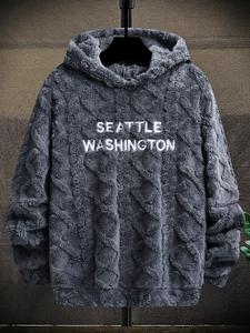 Men's Regular Fit Letter Print Thermal Lined Cable Knit Hoodie, Casual Long Sleeve Hooded Sweatshirt for Fall & Winter, Men's Clothes for Daily Wear