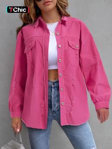 Women's Plain Ripped Collared Button Front Shirt, Casual Drop Shoulder Long Sleeve Pocket Shirt for Daily Wear, Ladies Clothes for All Seasons