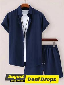 Men's Regular Fit Striped Print Short Sleeve Shirt & Pocket Shorts Two-piece Set, Casual Fitted Summer Outfits Set for Men, Mens Clothing, Shortsleeve Going Out Outfit, Athleisure Menswear, Top Shorts Set