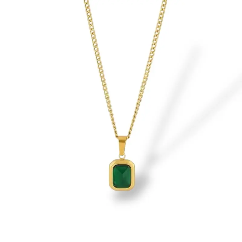 Green Square Pendant Necklace - Dainty Gold Chain - Women’s Jewellery - Emerald Green