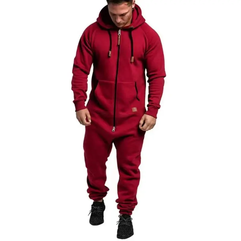 New foreign trade men's hooded fleece jumpsuit solid color casual men's suit jumpsuit 7