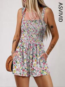 Women's Ditsy Floral Print Shirred Wide Leg Romper, Casual Pocket Sleeveless Romper for Summer, Fashion Women's Clothes for Daily Wear