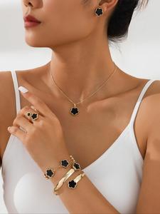 Flower Design Vintage Jewelry Set (6pcs), Including 1pc Necklace & 2pc Bracelet & 1pc Ring & 1 Pair Earring for Women & Girls, Simple Jewelry Set, Valentine's Day Gift
