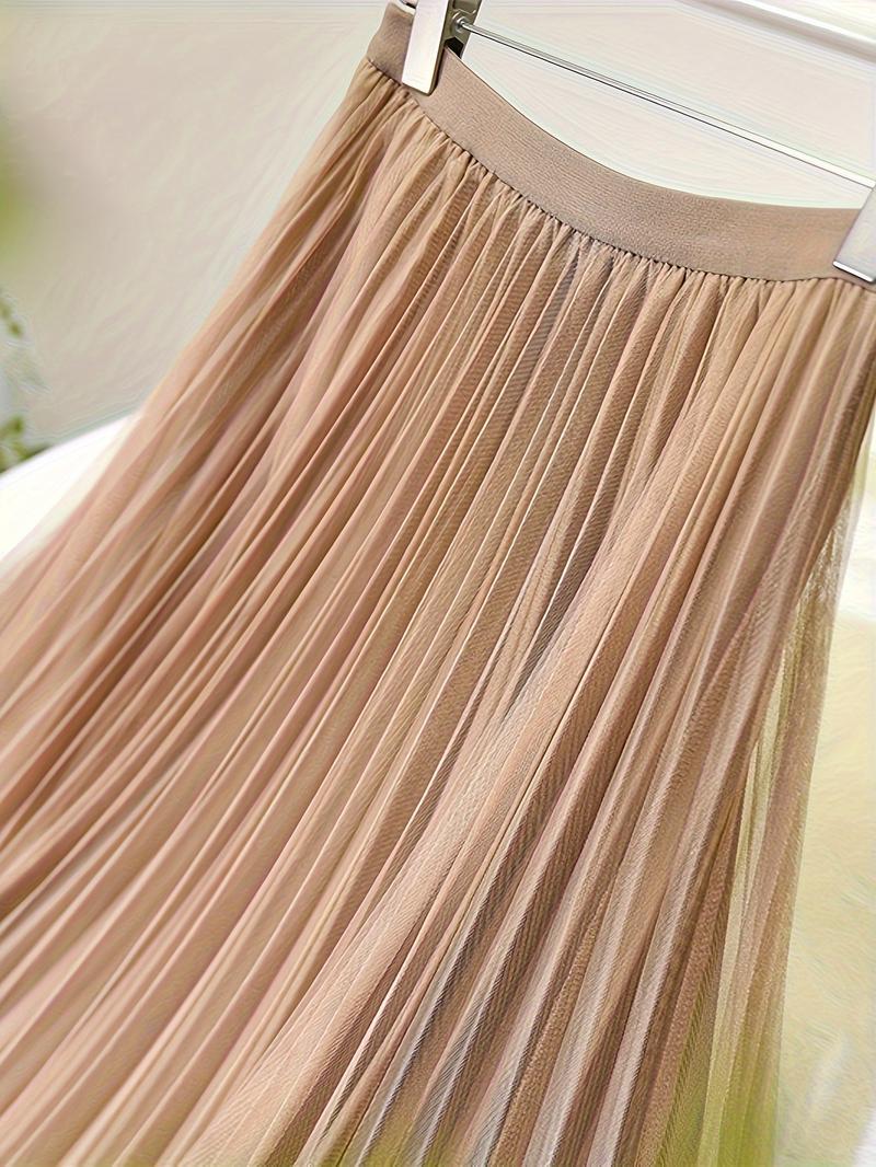 Product Introduction of Polly Pocket Skirt Women'S Chic A-Line Pleated Skirt, 100% Polyester Knit Fabric, Solid Color, Elastic Waist, All-Season, Breathable Mesh Lining, 24g/m² - Elegant Midi Skirt 12