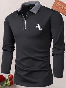 Men's Horse Print Quarter Zipper Polo Shirt, Contrast Collar Longsleeves Polo Shirt, Men's Drippy Outfits, Stylish Going Out Outfit